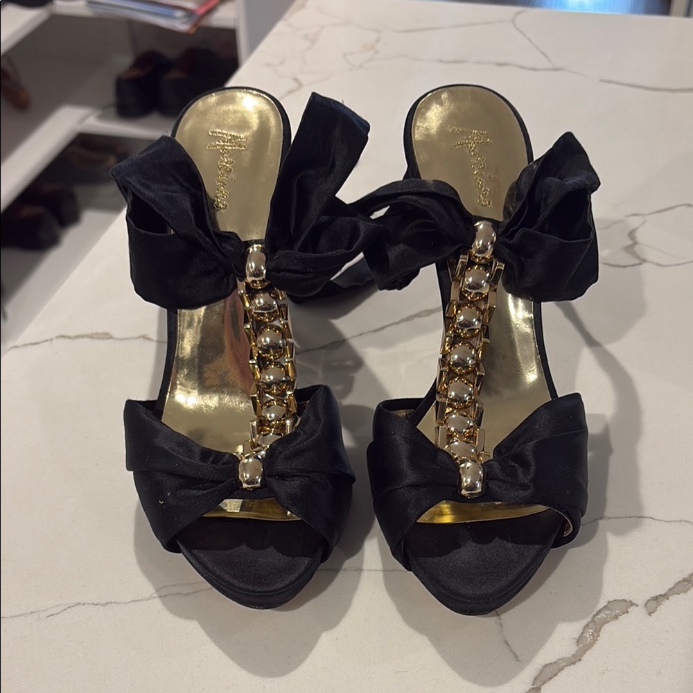 Marciano Black and Gold Heels with Elegant Chain Detail